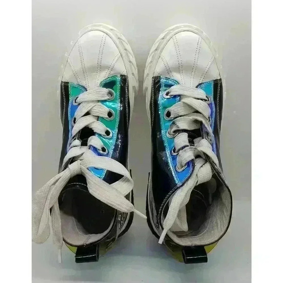 Black Leather Hi Top Sneakers Iridescent Eyelet & Heel D:fuse Scandinavia RARE - Picture 5 of 16
